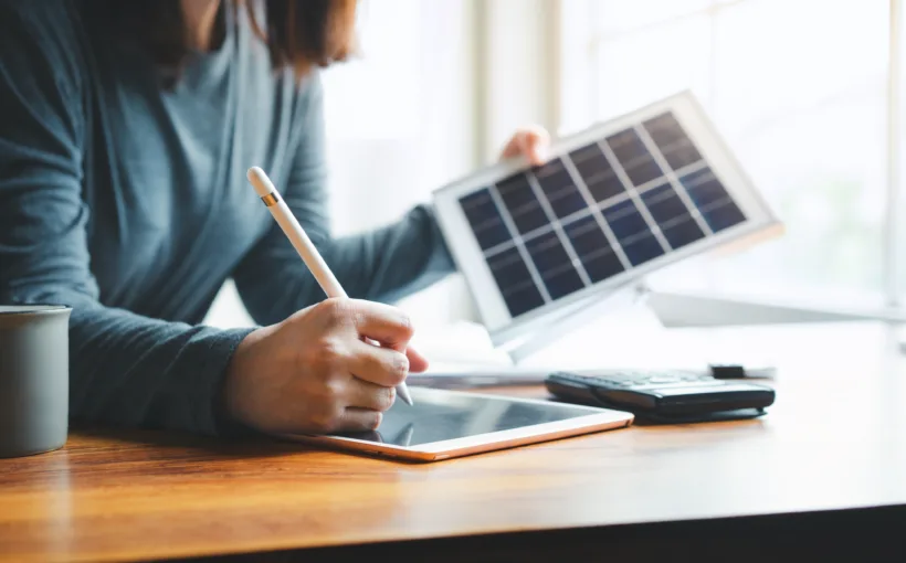 Eine Frau nutzt den Solarrechner für Photovoltaik auf ihrem Tablet